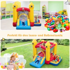 Aufblasbare Hüpfburg für Kinder mit Rutsche & 480 W Gebläse & Ozeanbällen & Ringwurf