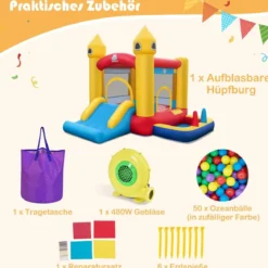 Aufblasbare Hüpfburg für Kinder mit Rutsche & 480 W Gebläse & Ozeanbällen & Ringwurf