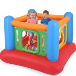 Aufblasbare Hüpfburg 3 in 1 Spielburg Bällebad & Laufstall Trampoline mit 4 Türen 160 x 160 x 125 cm Blau