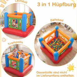 Aufblasbare Hüpfburg 3 in 1 Spielburg Bällebad & Laufstall Trampoline mit 4 Türen 160 x 160 x 125 cm Blau
