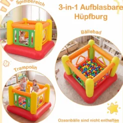 Aufblasbare Hüpfburg 3 in 1 Spielburg Bällebad & Laufstall Trampoline mit 4 Türen 160 x 160 x 125 cm Rot