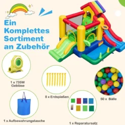 Aufblasbare Hüpfburg mit Doppelschlitten & 680W Gebläse & Ballpool & Basketball 385 x 325 x 230 cm