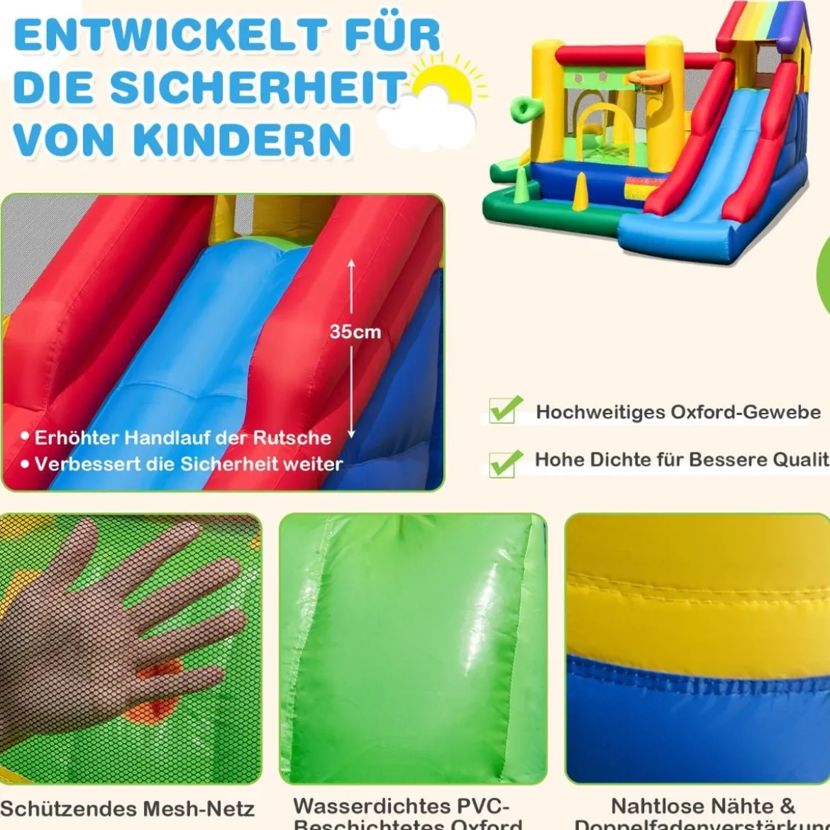 Aufblasbare Hüpfburg mit Doppelschlitten & 680W Gebläse & Ballpool & Basketball 385 x 325 x 230 cm