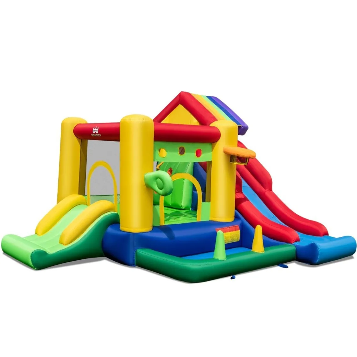 Aufblasbare Hüpfburg mit Doppelschlitten & 680W Gebläse & Ballpool & Basketball 385 x 325 x 230 cm
