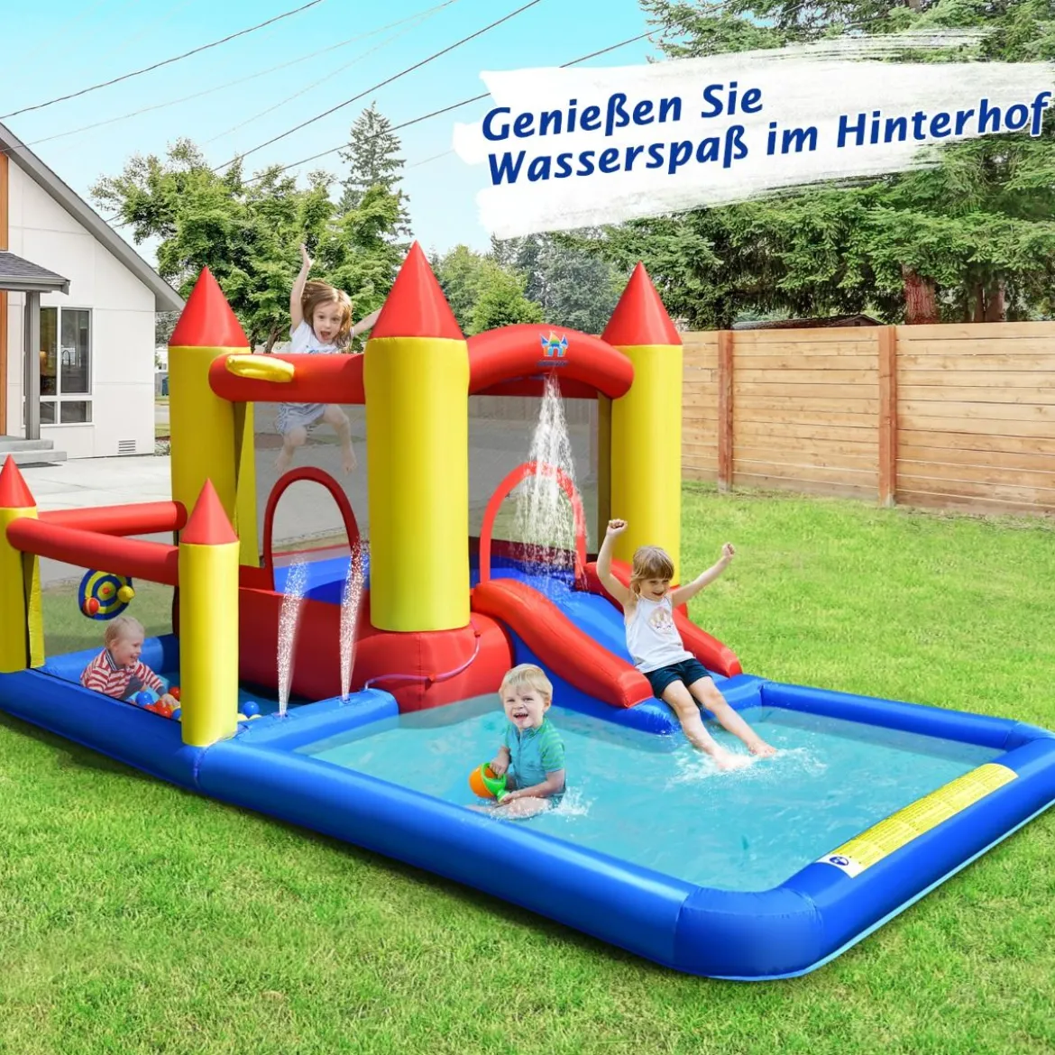 Aufblasbare Hüpfburg mit Gebläse & Rutsche & Bällebad & Basketball-Ring & Planschbecken
