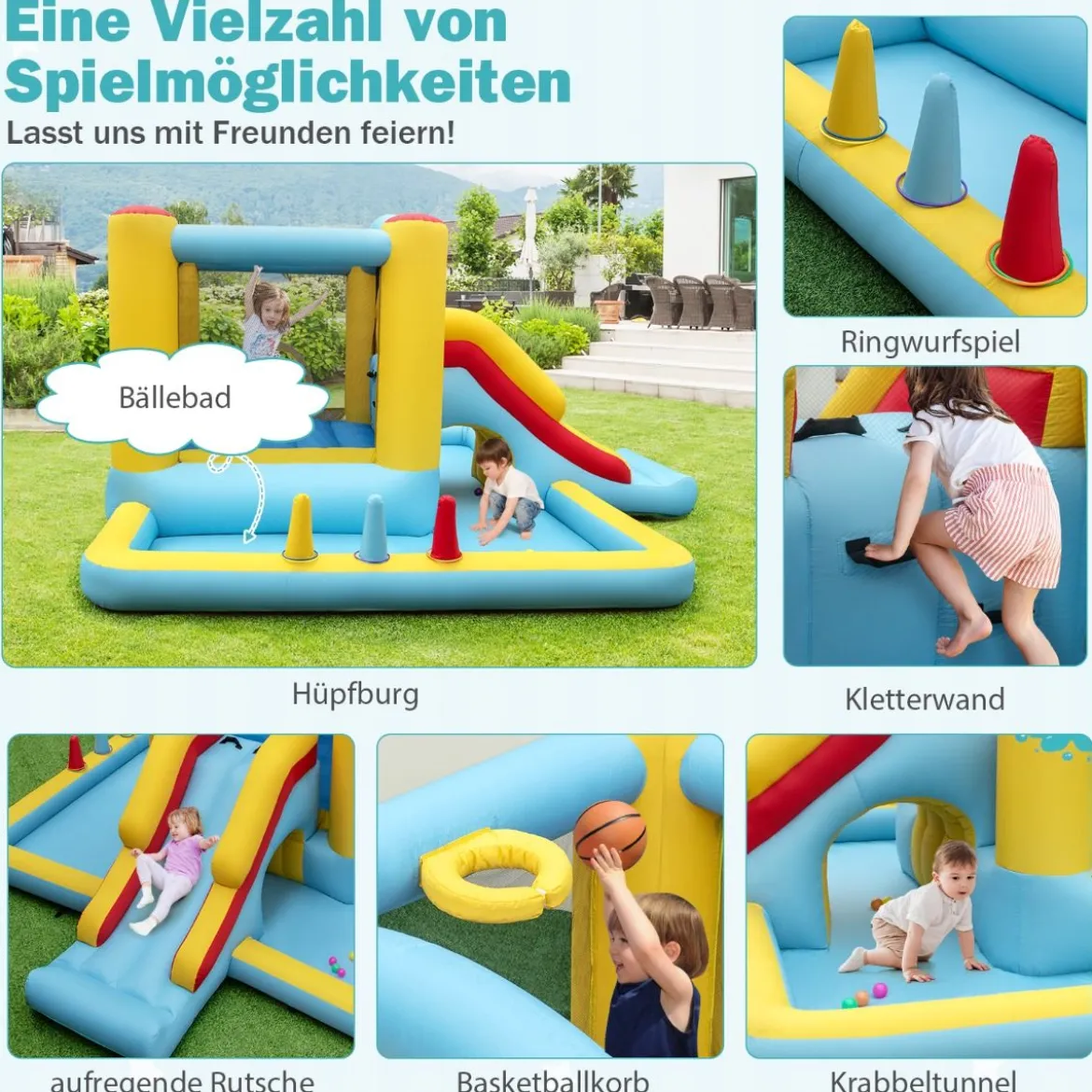 Aufblasbare Hüpfburg mit Rutsche & Tunnel & Basketballkorb & Ringwurfspiel Riesenschloss