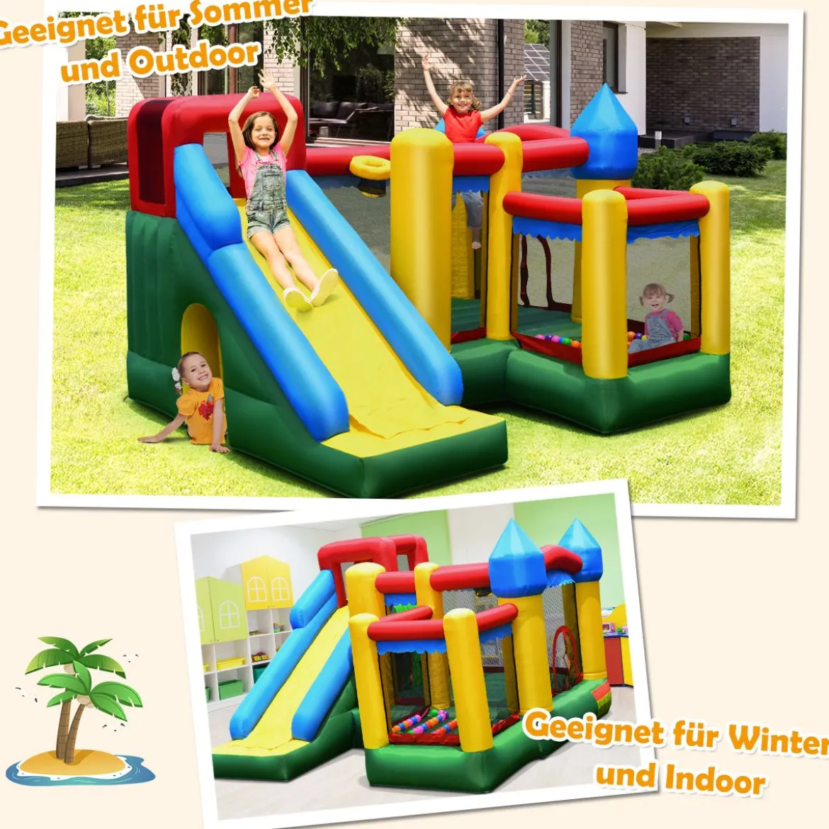 Aufblasbare Hüpfburg mit Rutsche Kinder Hüpfschloss Spielburg Outdoor 324 x 315 x 221 cm Bunt