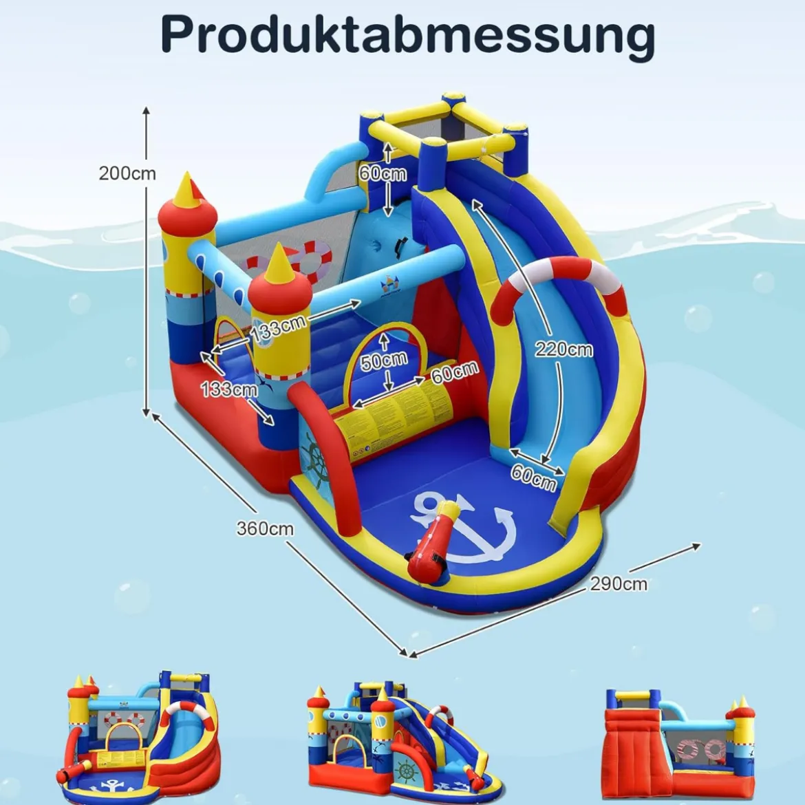 Aufblasbare Hüpfburg mit 550W Gebläse 6-in-1 Wasserpark mit Rutsche Planschbecken & Wasserkanone