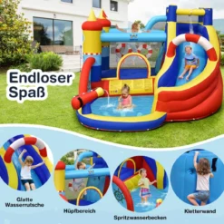 Aufblasbare Hüpfburg mit 550W Gebläse 6-in-1 Wasserpark mit Rutsche Planschbecken & Wasserkanone