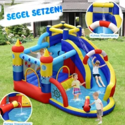 Aufblasbare Hüpfburg mit 550W Gebläse 6-in-1 Wasserpark mit Rutsche Planschbecken & Wasserkanone