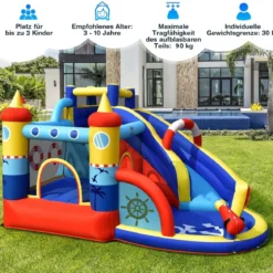 Aufblasbare Hüpfburg mit 550W Gebläse 6-in-1 Wasserpark mit Rutsche Planschbecken & Wasserkanone
