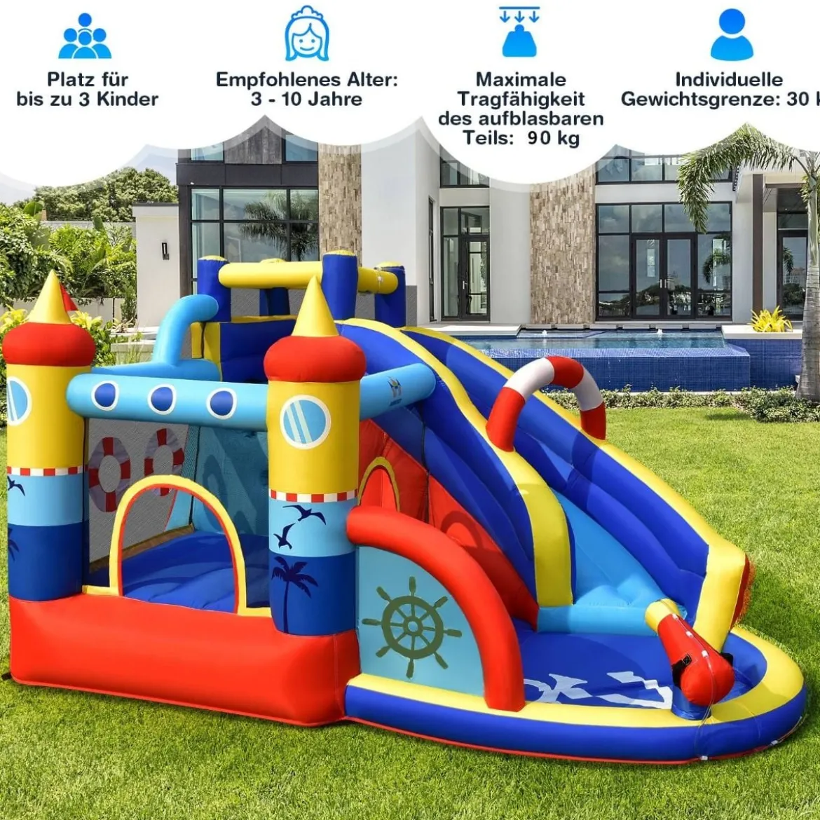 Aufblasbare Hüpfburg mit 550W Gebläse 6-in-1 Wasserpark mit Rutsche Planschbecken & Wasserkanone