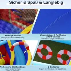Aufblasbare Hüpfburg mit 550W Gebläse 6-in-1 Wasserpark mit Rutsche Planschbecken & Wasserkanone