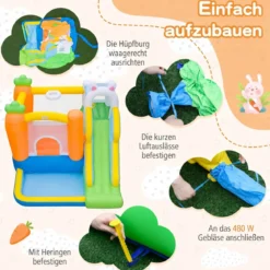 Aufblasbare Hüpfburg Spielburg mit Rutsche + 550W Hüpfburge-Gebläse mit Griff &amp Set
