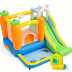 Aufblasbare Hüpfburg Spielburg mit Rutsche + 550W Hüpfburge-Gebläse mit Griff &amp Set