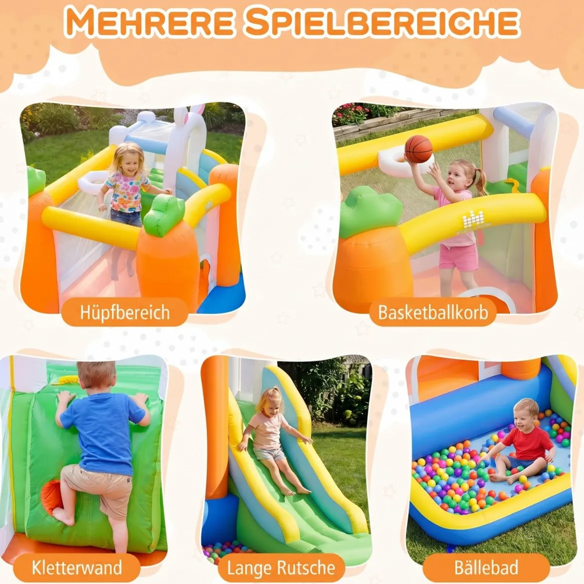 Aufblasbare Hüpfburg Spielburg mit Rutsche Bällebad Basketballkorb & Kletterwand Sprungschloss