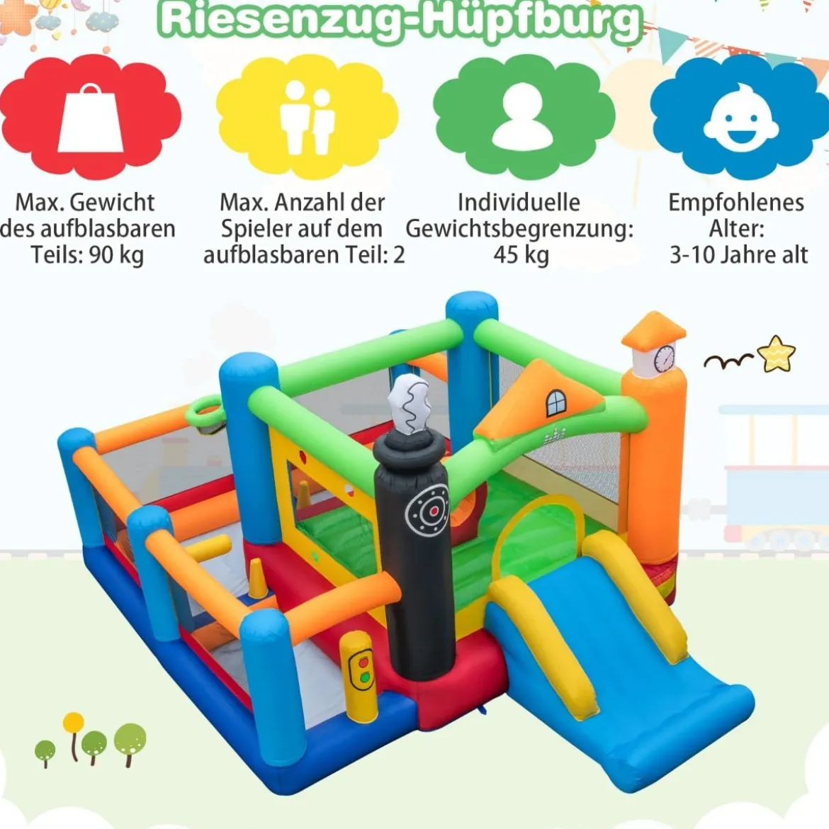 Aufblasbare Hüpfburg Spielparadies mit Zugmotiv (Gebläse NICHT enthalten)