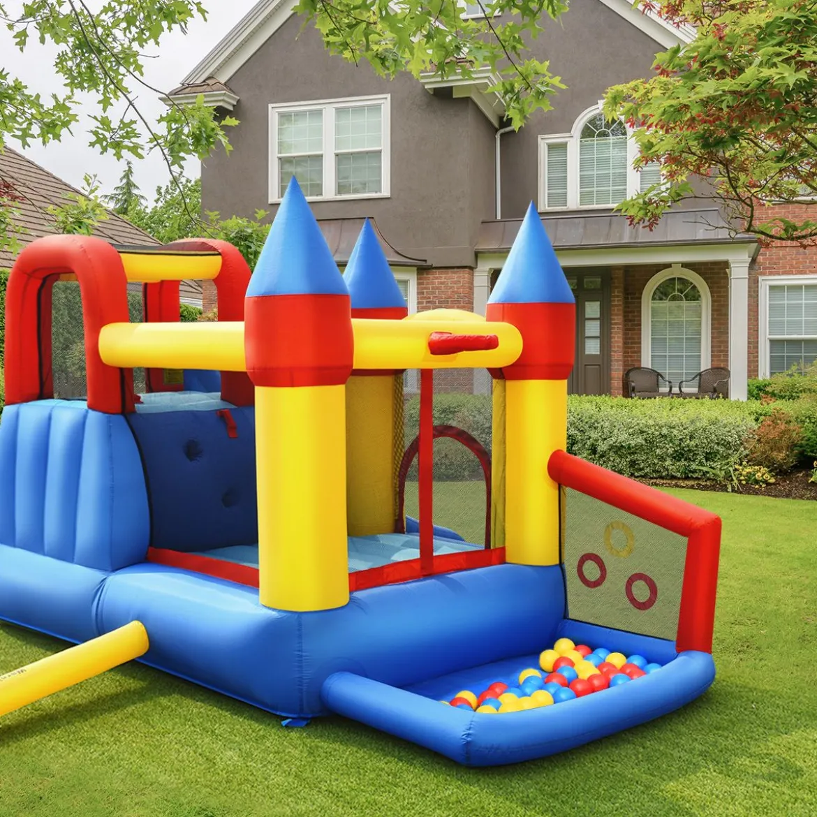 Aufblasbare 6-in-1 Hüpfburg mit Rutsche + 610W Gebläse Outdoor Spielpool 330 x 300 x 210 cm