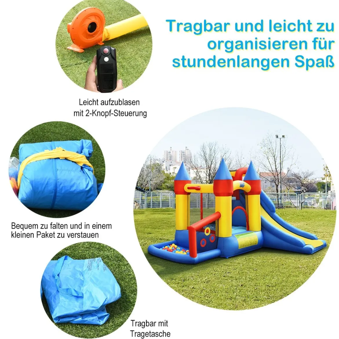 Aufblasbare 6-in-1 Hüpfburg mit Rutsche + 610W Gebläse Outdoor Spielpool 330 x 300 x 210 cm