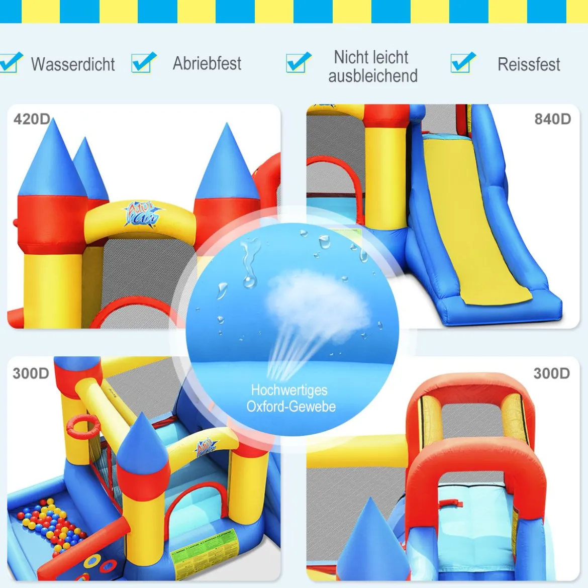 Aufblasbare 6-in-1 Hüpfburg mit Rutsche + 610W Gebläse Outdoor Spielpool 330 x 300 x 210 cm