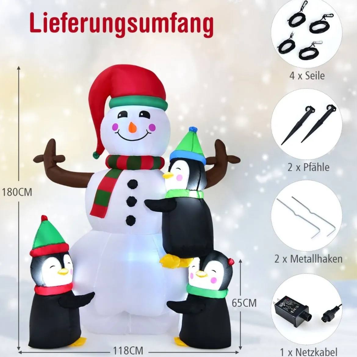 Aufblasbarer 180 cm hoher Schneemann mit Pinguinen schnell aufblasbarer Schneemann Weihnachtsdeko LED