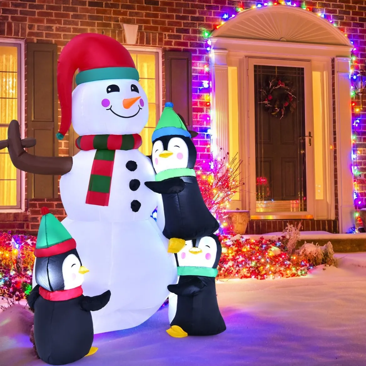 Aufblasbarer 180 cm hoher Schneemann mit Pinguinen schnell aufblasbarer Schneemann Weihnachtsdeko LED