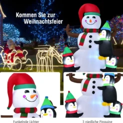 Aufblasbarer 180 cm hoher Schneemann mit Pinguinen schnell aufblasbarer Schneemann Weihnachtsdeko LED