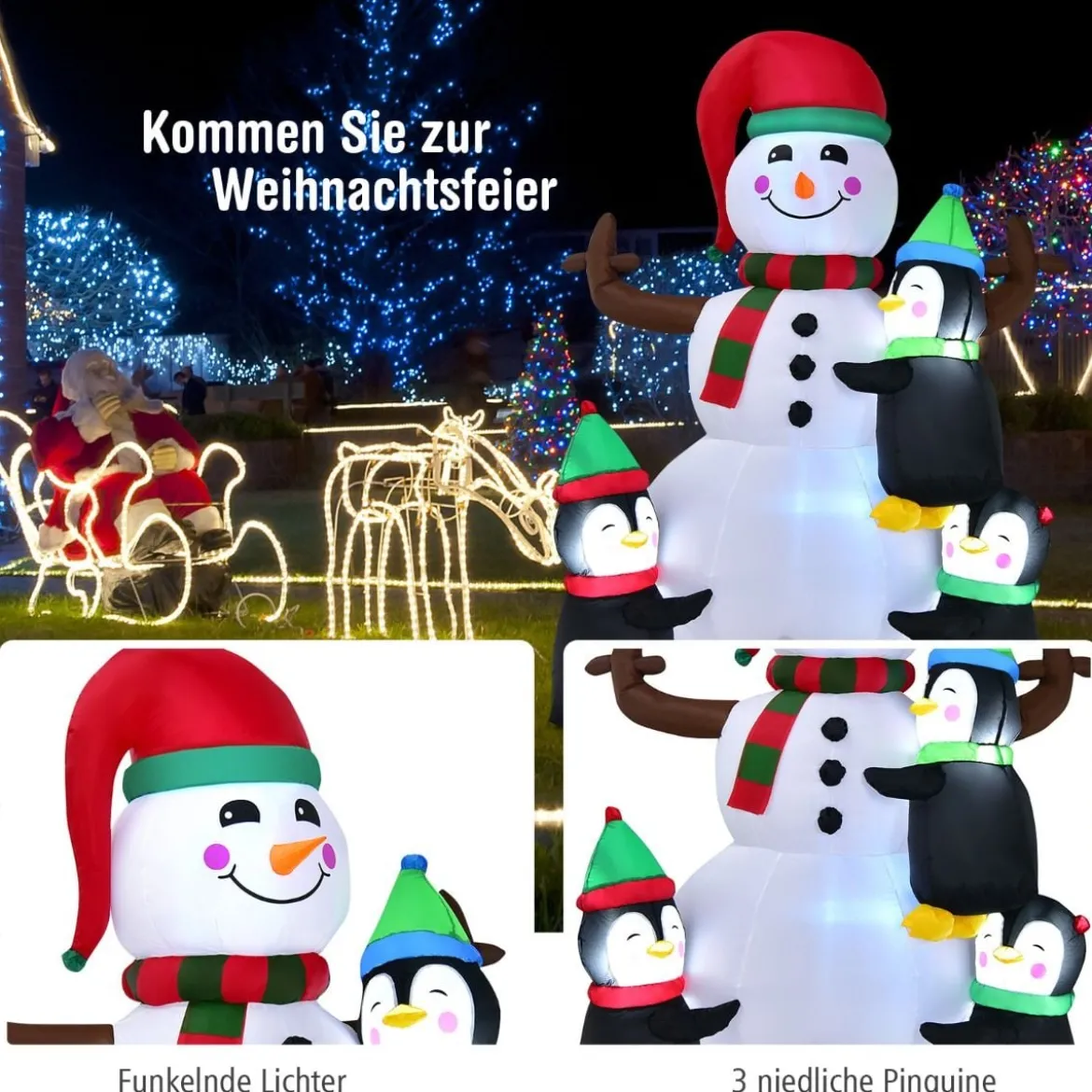 Aufblasbarer 180 cm hoher Schneemann mit Pinguinen schnell aufblasbarer Schneemann Weihnachtsdeko LED
