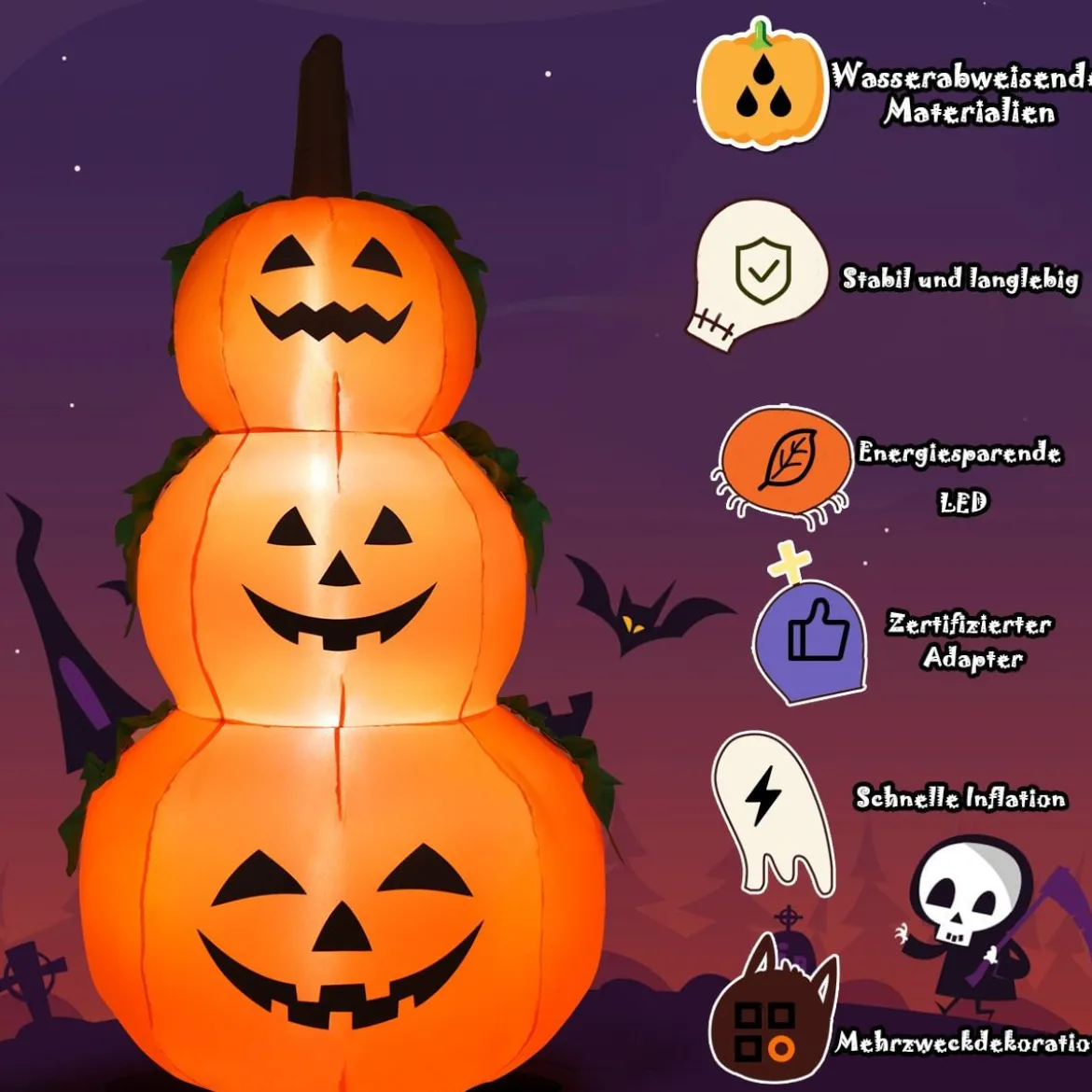 180 Aufblasbarer Halloween Kürbis 3 Stapel Kürbis mit LED-Innenbeleuchtung
