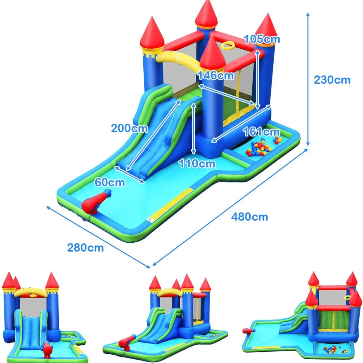 Aufblasbarer Hüpfburg Wasserrutschen-Park mit Gebläse hochwertiger Oxford-Stoff 480 x 280 x 230 cm Bunt