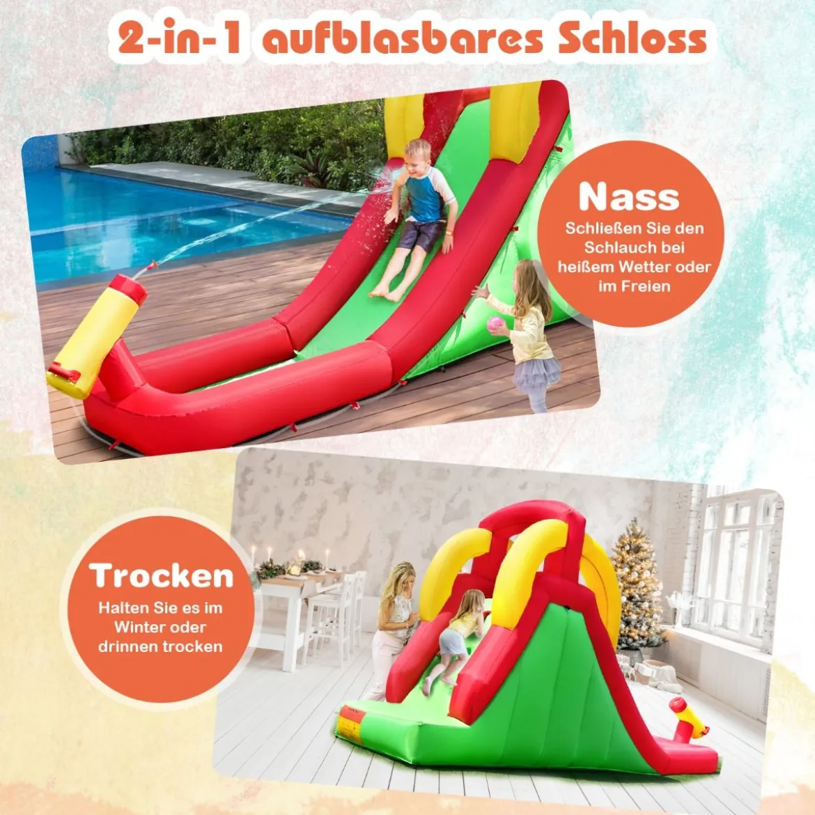 Aufblasbarer Hüpfburg-Wasserrutschen-Park Spielpool Rutsche 470 x 120 x 242 cm Grün + Rot + Gelb