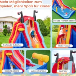 Aufblasbarer 5 in 1 Wasserpark im Piratenthema mit Rutsche Planschbecken Basketballkorb & Kletterwand ohne Gebläse