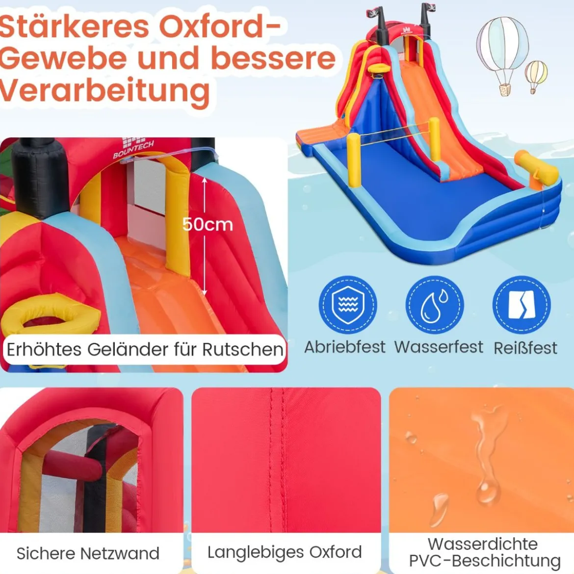 Aufblasbarer 5 in 1 Wasserpark im Piratenthema mit Rutsche Planschbecken Basketballkorb & Kletterwand ohne Gebläse