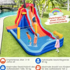 Aufblasbarer 5 in 1 Wasserpark im Piratenthema mit Rutsche Planschbecken Basketballkorb & Kletterwand ohne Gebläse