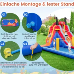Aufblasbarer 5 in 1 Wasserpark im Piratenthema mit Rutsche Planschbecken Basketballkorb & Kletterwand ohne Gebläse