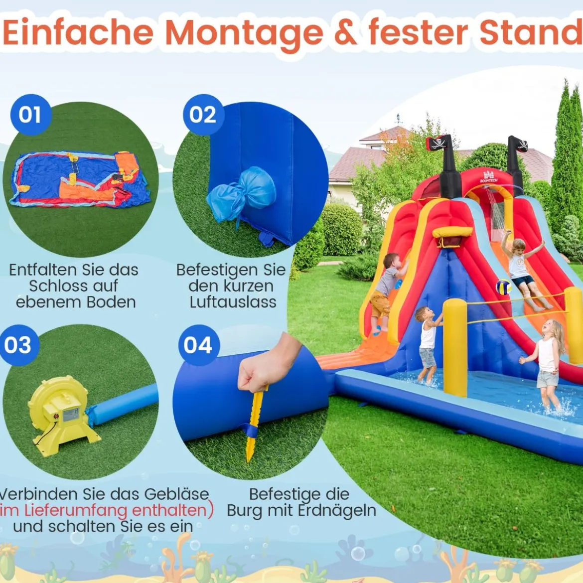 Aufblasbarer 5 in 1 Wasserpark im Piratenthema mit Rutsche Planschbecken Basketballkorb & Kletterwand ohne Gebläse