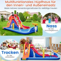Aufblasbarer 5 in 1 Wasserpark im Piratenthema mit Rutsche Planschbecken Basketballkorb & Kletterwand ohne Gebläse