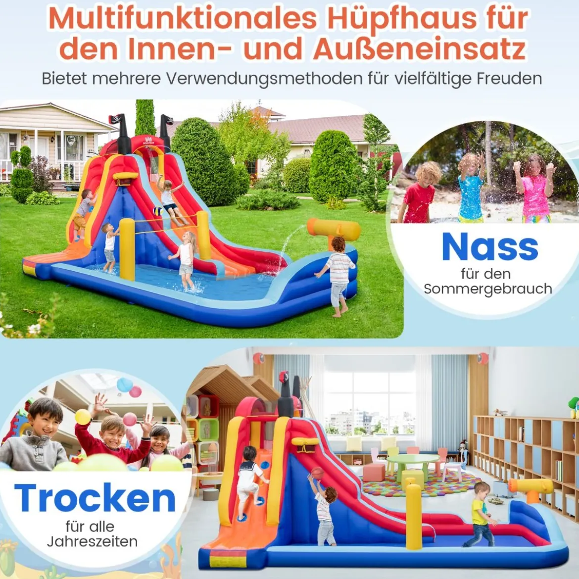 Aufblasbarer 5 in 1 Wasserpark im Piratenthema mit Rutsche Planschbecken Basketballkorb & Kletterwand ohne Gebläse