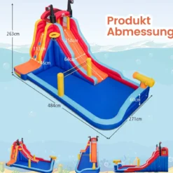 Aufblasbarer 5 in 1 Wasserpark im Piratenthema mit Rutsche Planschbecken Basketballkorb & Kletterwand ohne Gebläse
