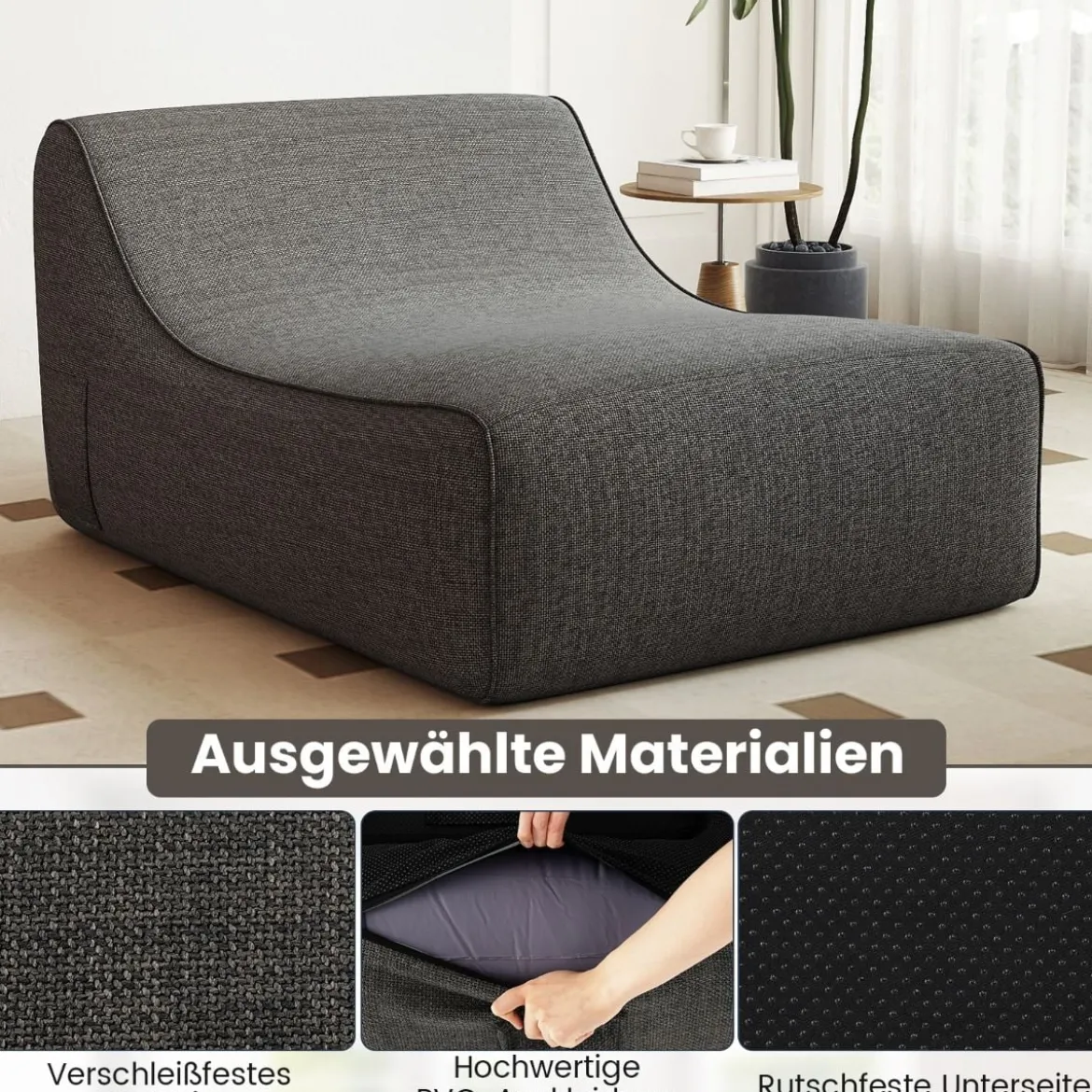 Aufblasbarer Lounge-Sessel ergonomisches aufblasbares Lazy Sofa mit abnehmbarem Bezug Grau