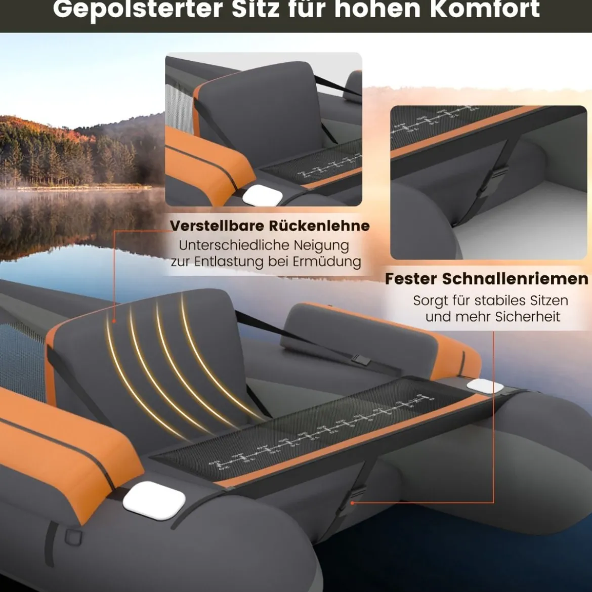 Aufblasbarer Schwimmreifen mit Aufbewahrungstaschen Fischerboot 136 x 105 x 53 cm Schwarz