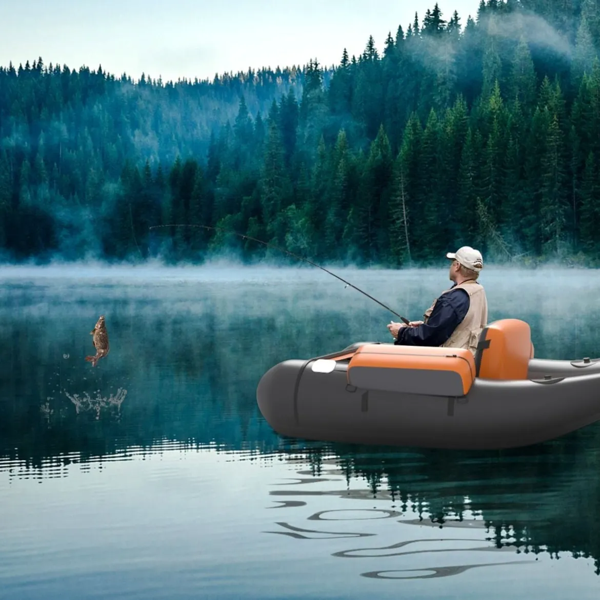 Aufblasbarer Schwimmreifen mit Aufbewahrungstaschen Fischerboot 136 x 105 x 53 cm Schwarz