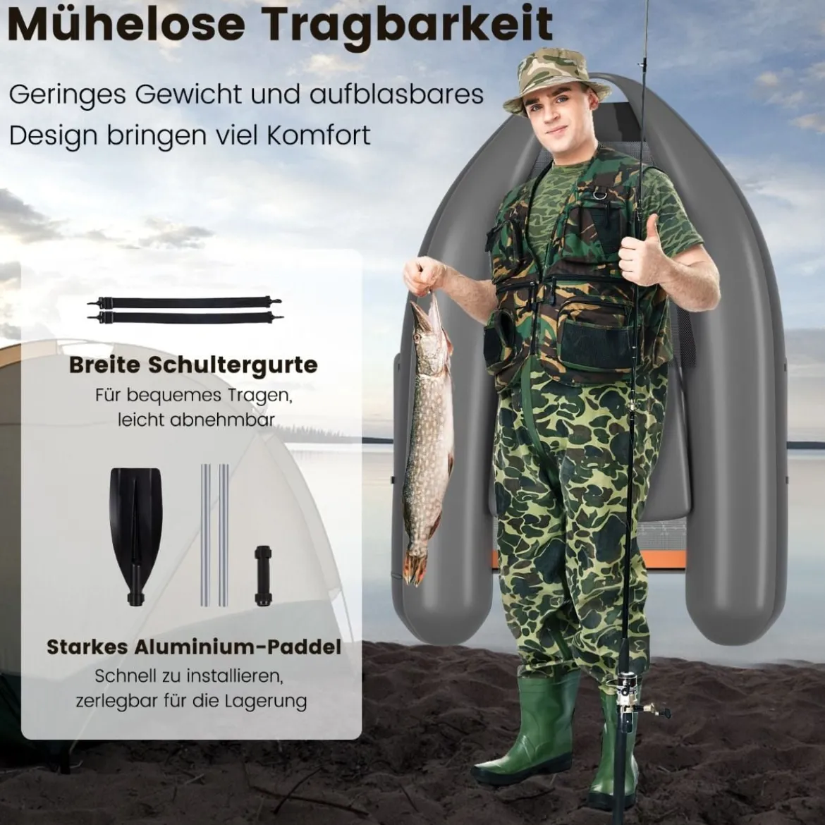 Aufblasbarer Schwimmreifen mit Aufbewahrungstaschen Fischerboot 136 x 105 x 53 cm Schwarz