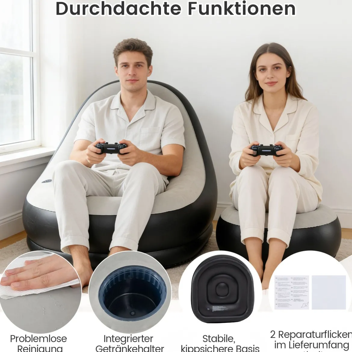 Aufblasbarer Sessel mit Fußhocker & PVC Beflockt-Oberfläche & Getränkehalter Luftsessel Luftsofa