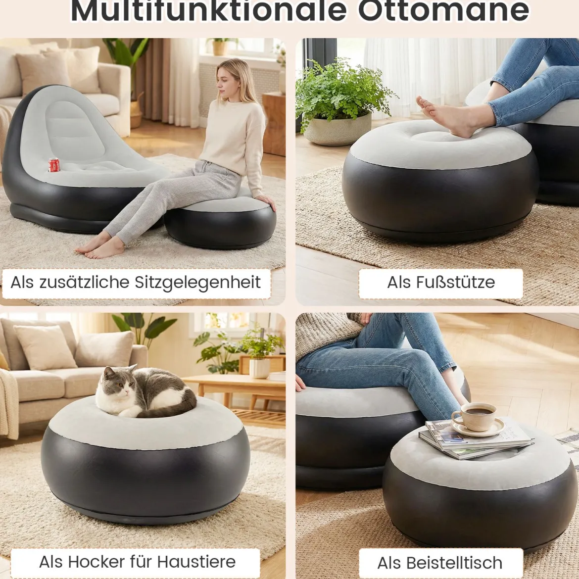 Aufblasbarer Sessel mit Fußhocker & PVC Beflockt-Oberfläche & Getränkehalter Luftsessel Luftsofa