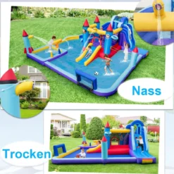 Aufblasbarer Wasserpark im Raketenmotiv mit Gebläse riesige Hüpfburg für Kinder mit 2 Rutschen 555 x 500 x 217 cm