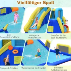 Aufblasbarer Wasserpark 6-in-1 Hüpfburg mit Wasserrutsche 526 x 373 x 203 cm Blau + Gelb