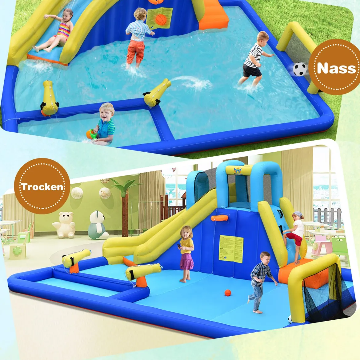 Aufblasbarer Wasserpark 6-in-1 Hüpfburg mit Wasserrutsche 526 x 373 x 203 cm Blau + Gelb