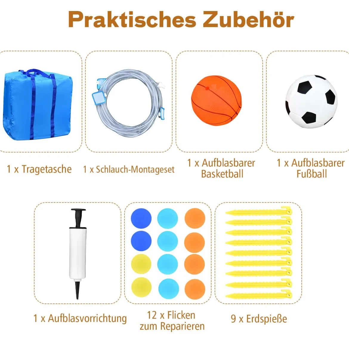 Aufblasbarer Wasserpark 6-in-1 Hüpfburg mit Wasserrutsche 526 x 373 x 203 cm Blau + Gelb