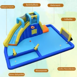 Aufblasbarer Wasserpark 6-in-1 Hüpfburg mit Wasserrutsche 526 x 373 x 203 cm Blau + Gelb